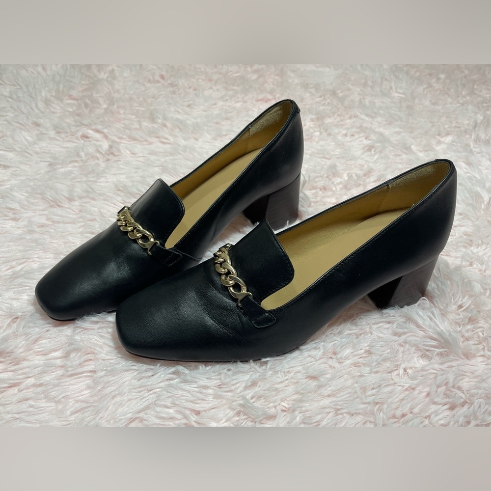 Anthropologie Black Leather Gold Chain Block Heeled Loafers